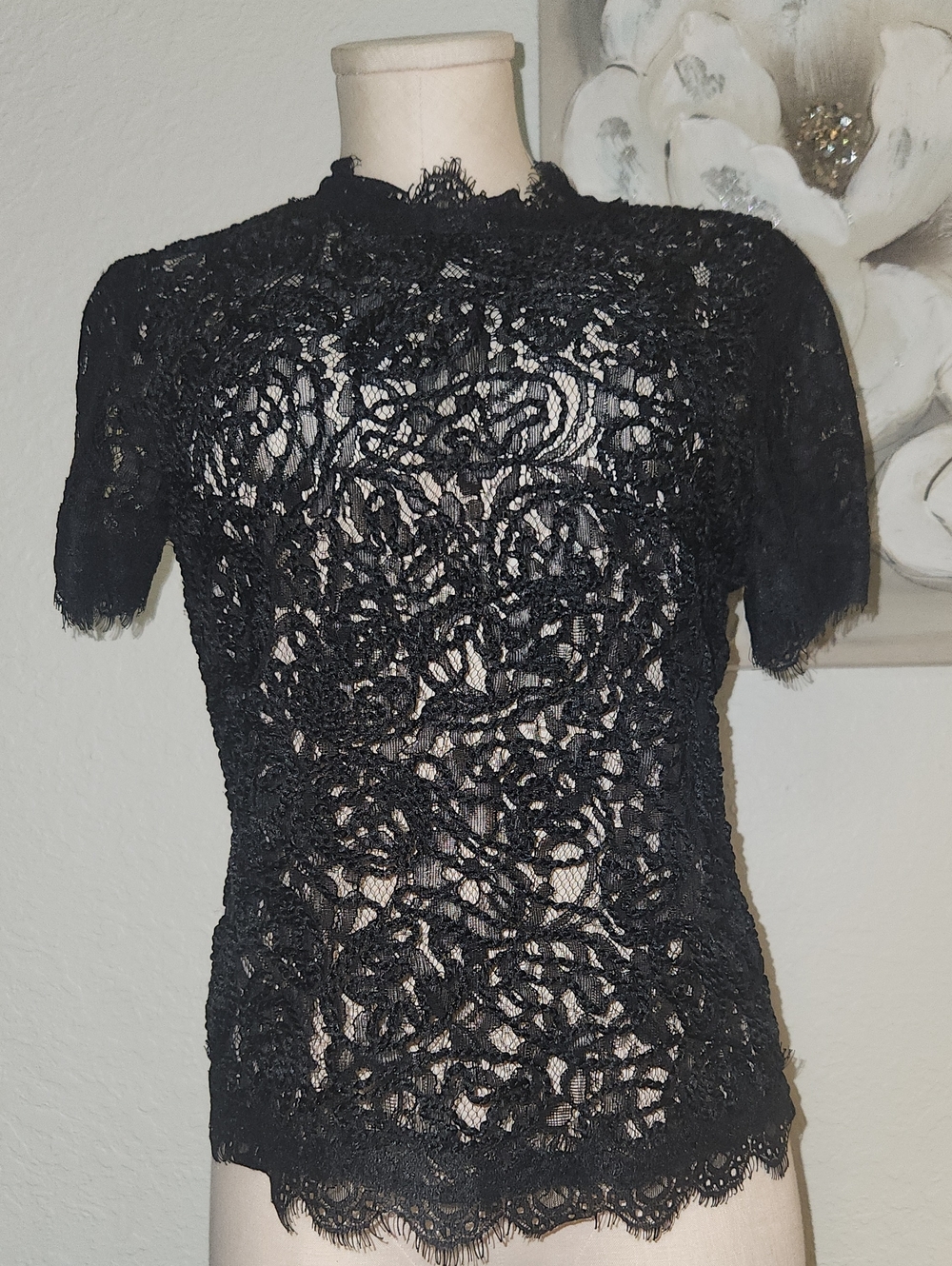 Anne Klein Black Lace Short Sleeve Blouse